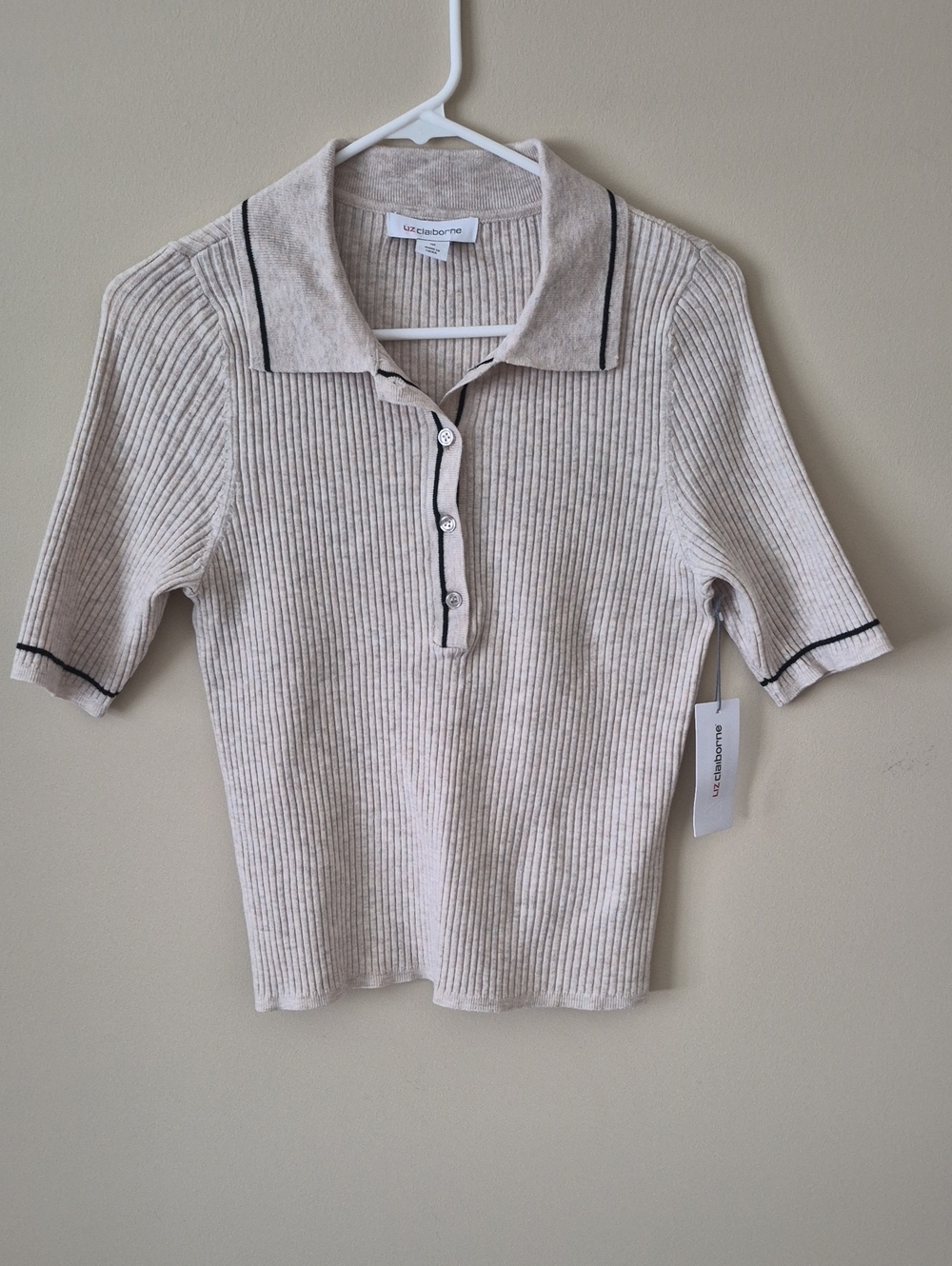 Liz Claiborne Neutral Ribbed Polo with Black Trim